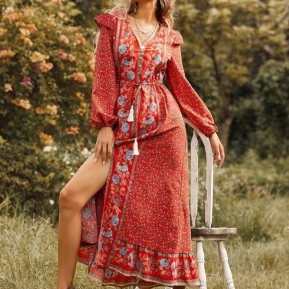 . Dresses & Skirts - red Floral Ruffle detailed Drawstring Waist Split Hem Maxi Cottagecore Dress